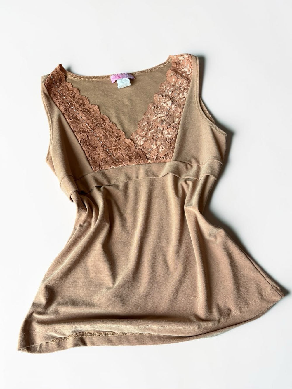Rhinestone Lace Cami Y2K Top Nude Empire Waist Vintage Tank L